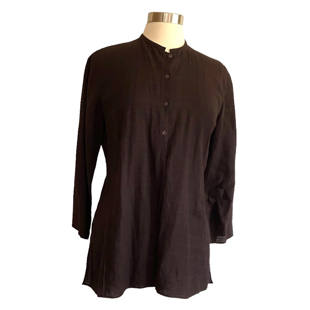 Eileen Fisher Brown Linen Blend Button Front Tunic Top 3/4 sleeve Petite Small